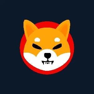 A graphic of a Shiba Inu dog face, resembling the 'Doge' meme, with a stylized, menacing expression. The face is orange and white, with sharp, black eyes and fangs, set against a red circular background on a dark blue backdrop.