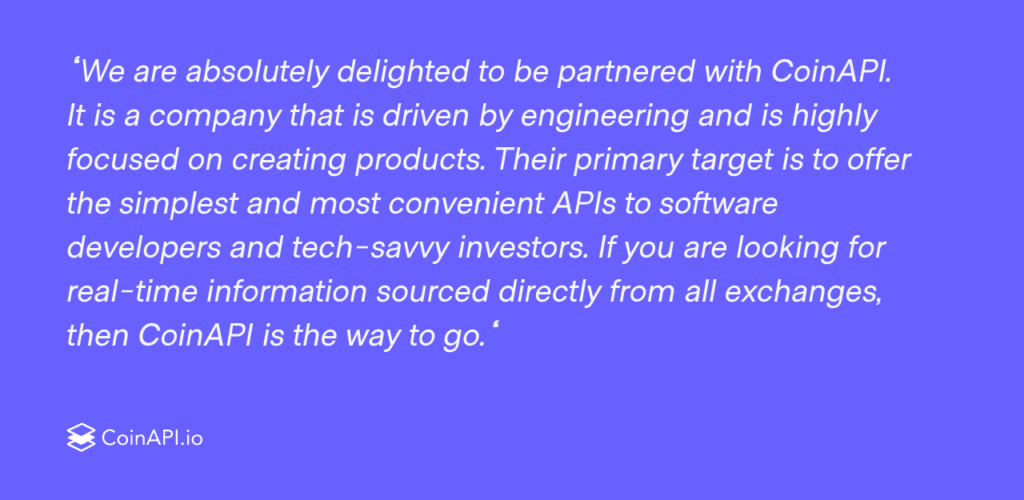 A purple background with white text expressing delight in partnering with CoinAPI, describing it as an engineering-driven company focused on creating simple and convenient APIs for developers and tech-savvy investors. The CoinAPI.io logo is at the bottom.