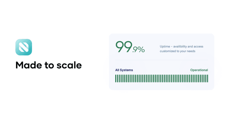 An image showcasing scalability and uptime. On the left is a teal icon with the letter &quot;N&quot;, likely for NEAR Protocol, with the text &quot;Made to scale&quot; below it. On the right is a light blue box displaying &quot;99.9%&quot; in large green text, with &quot;Uptime - availability and access customized to your needs&quot; written beneath. Below this is a visual representation of &quot;All Systems Operational&quot; using a series of green vertical lines.