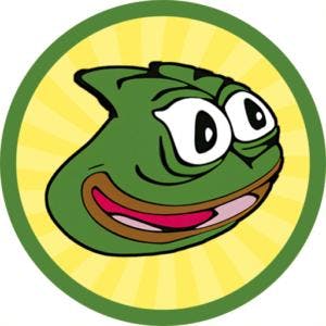 A cartoon image of Pepe the Frog's face, smiling and looking happy. The green frog head is set against a circular yellow background with radiating lines, surrounded by a green border.