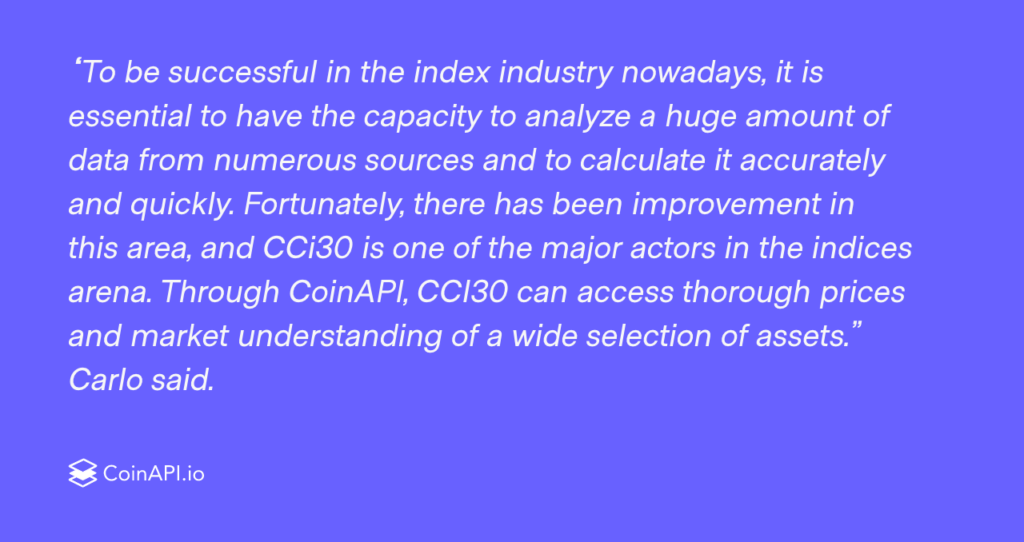 A purple background with white text quoting Carlo Scevola discussing the importance of dependable real-time data for their index at a reasonable cost. The CoinAPI.io logo is at the bottom.