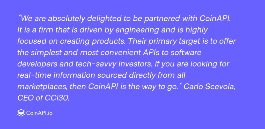 A purple background with white text quoting Carlo Scevola, CEO of CCi30, expressing delight in partnering with CoinAPI and praising their focus on creating simple and convenient APIs for developers and investors. The CoinAPI.io logo is at the bottom.