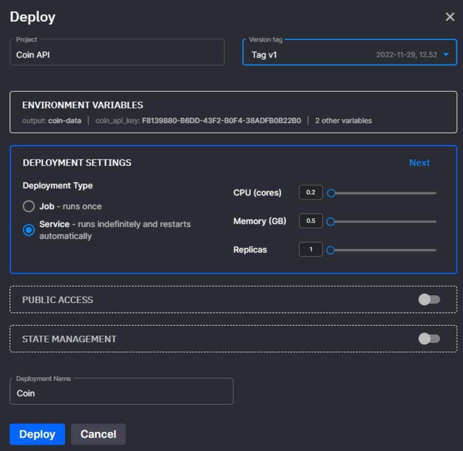 Deploy interface for Coin API project. It shows project details, version tag, environment variables, and deployment settings. The deployment type is set to "Service - runs indefinitely and restarts automatically" with CPU, Memory, and Replicas options. Public Access and State Management toggles are visible. The deployment name is set to "Coin" with Deploy and Cancel buttons at the bottom.