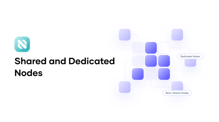 A graphic illustrating shared and dedicated nodes. On the left is the title &quot;Shared and Dedicated Nodes&quot; with a teal app icon above it. On the right, a cluster of purple and light blue rounded squares represents the nodes. Some squares are solid purple, while others are light blue with dotted outlines. Two labels point to different parts of the cluster: &quot;Dedicated Nodes&quot; and &quot;Semi-Shared Nodes&quot;.