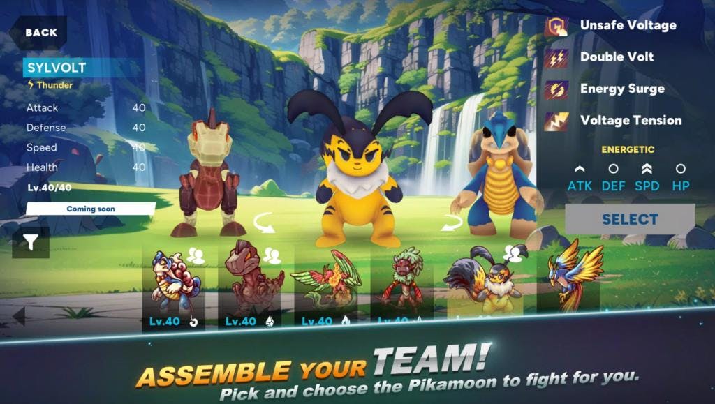 A character selection screen from a Pokémon-like game called "Pikamoon". The screen shows three main characters: a robotic creature, a yellow electric mouse-like creature (Sylvolt), and a blue dinosaur-like creature. Below them is a roster of additional creatures to choose from. The background depicts a lush landscape with waterfalls and cliffs. The interface includes character stats, special abilities, and the text "ASSEMBLE YOUR TEAM! Pick and choose the Pikamoon to fight for you."