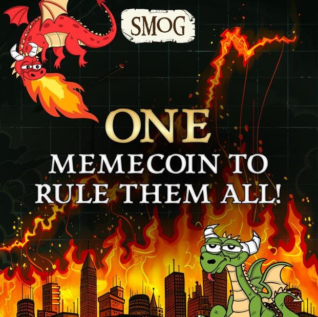 A meme-style image featuring cartoon dragons and fire. The text reads "SMOG" at the top and "ONE MEMECOIN TO RULE THEM ALL!" in the center, with a cityscape silhouette engulfed in flames at the bottom.