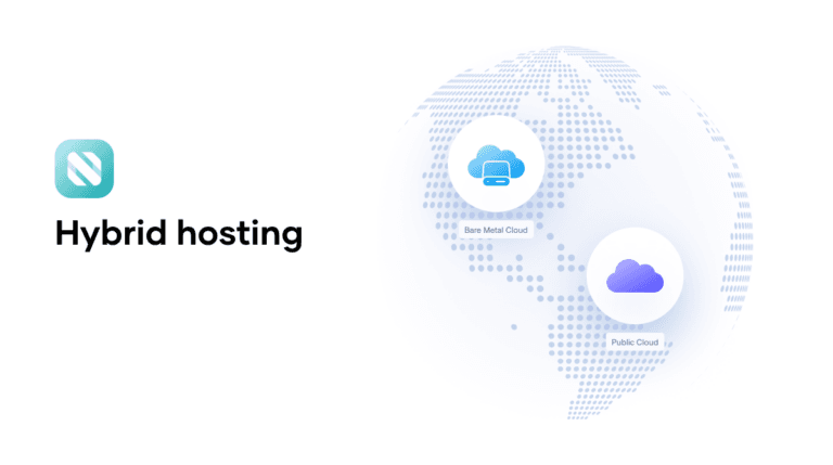 An image illustrating hybrid hosting. On the left is a teal icon with the letter &quot;N&quot;, likely representing NEAR Protocol, with &quot;Hybrid hosting&quot; written below. On the right is a stylized globe made of dots. Two circular icons overlay the globe: one labeled &quot;Bare Metal Cloud&quot; with a cloud and server icon, and another labeled &quot;Public Cloud&quot; with a simple cloud icon. This visual represents the combination of different cloud hosting types in a global network.