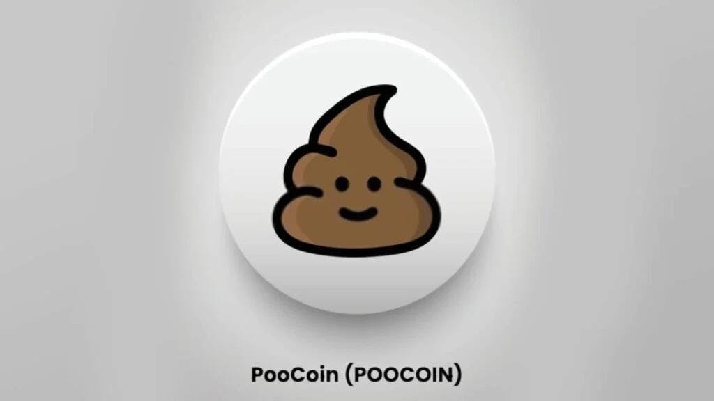 A circular white icon featuring a smiling poop emoji in brown. Below the icon is text that reads "PooCoin (POOCOIN)".