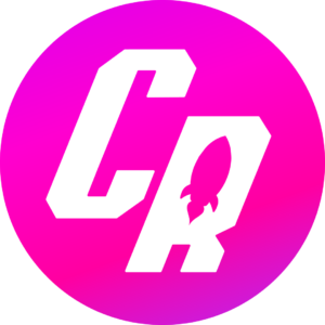 A bright pink circular logo with the white letters "CR" and a small rocket icon integrated into the letter R.