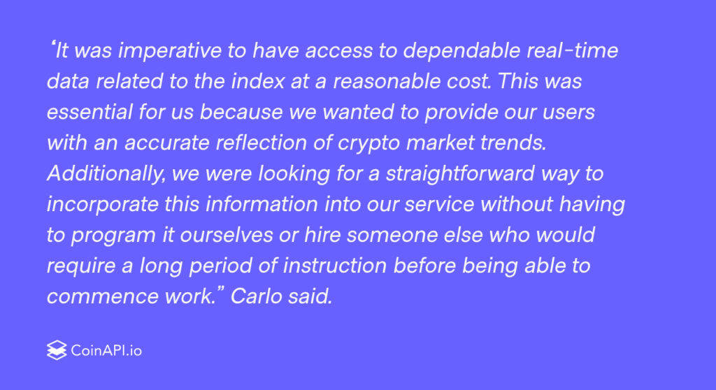 A purple background with white text quoting Carlo Scevola discussing the importance of dependable real-time data for their index at a reasonable cost. The CoinAPI.io logo is at the bottom.