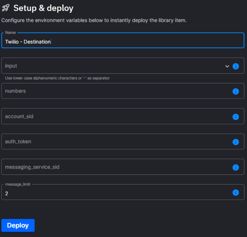 Setup and deploy interface for Twilio configuration. It displays input fields for Name ("Twilio - Destination"), input, numbers, account_sid, auth_token, messaging_service_sid, and message_limit (set to 2). A blue "Deploy" button is at the bottom of the form.