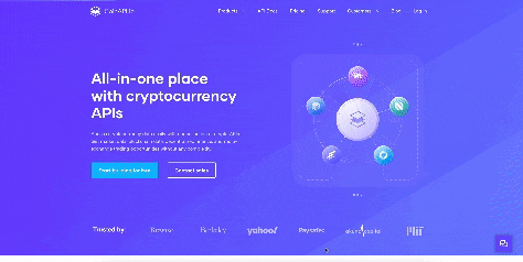 alt="A dynamic website homepage banner showcasing 'All-in-one place with cryptocurrency APIs' with a central graphic featuring interconnected nodes representing different cryptocurrency exchanges and services. The design is modern and digital, with a vibrant purple background and interactive elements."