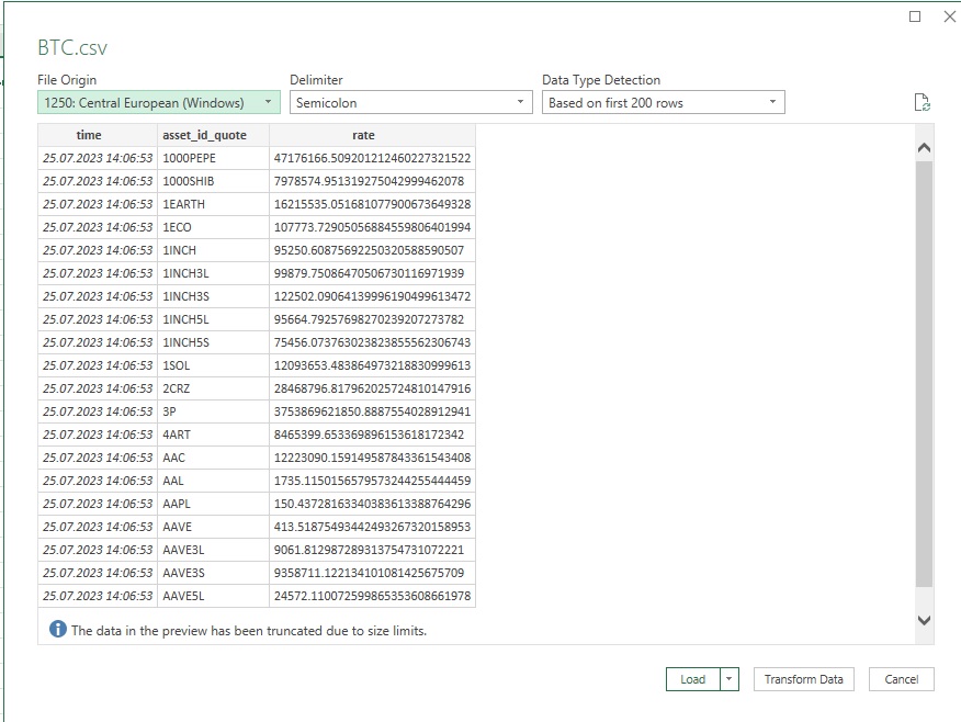 Import Text/CSV preview window